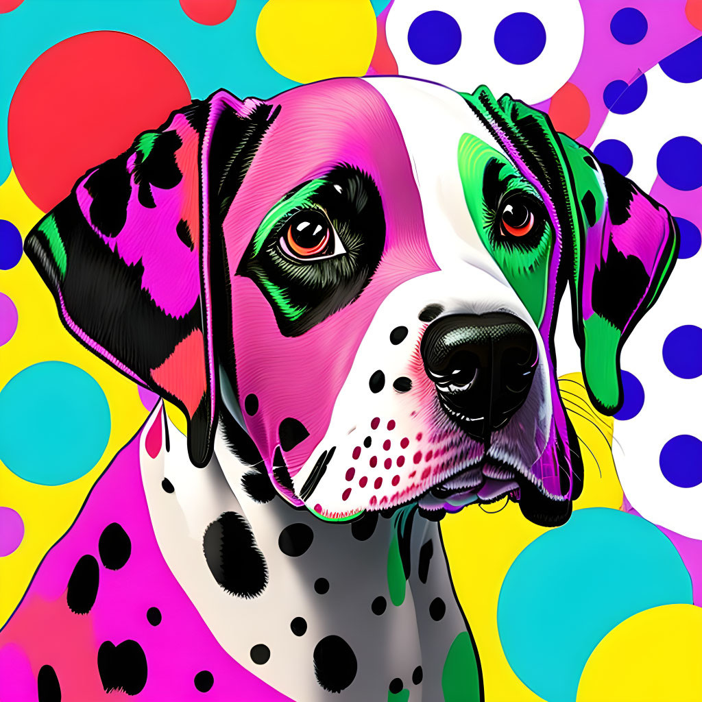 Colorful Dalmatian digital art on polka-dotted backdrop