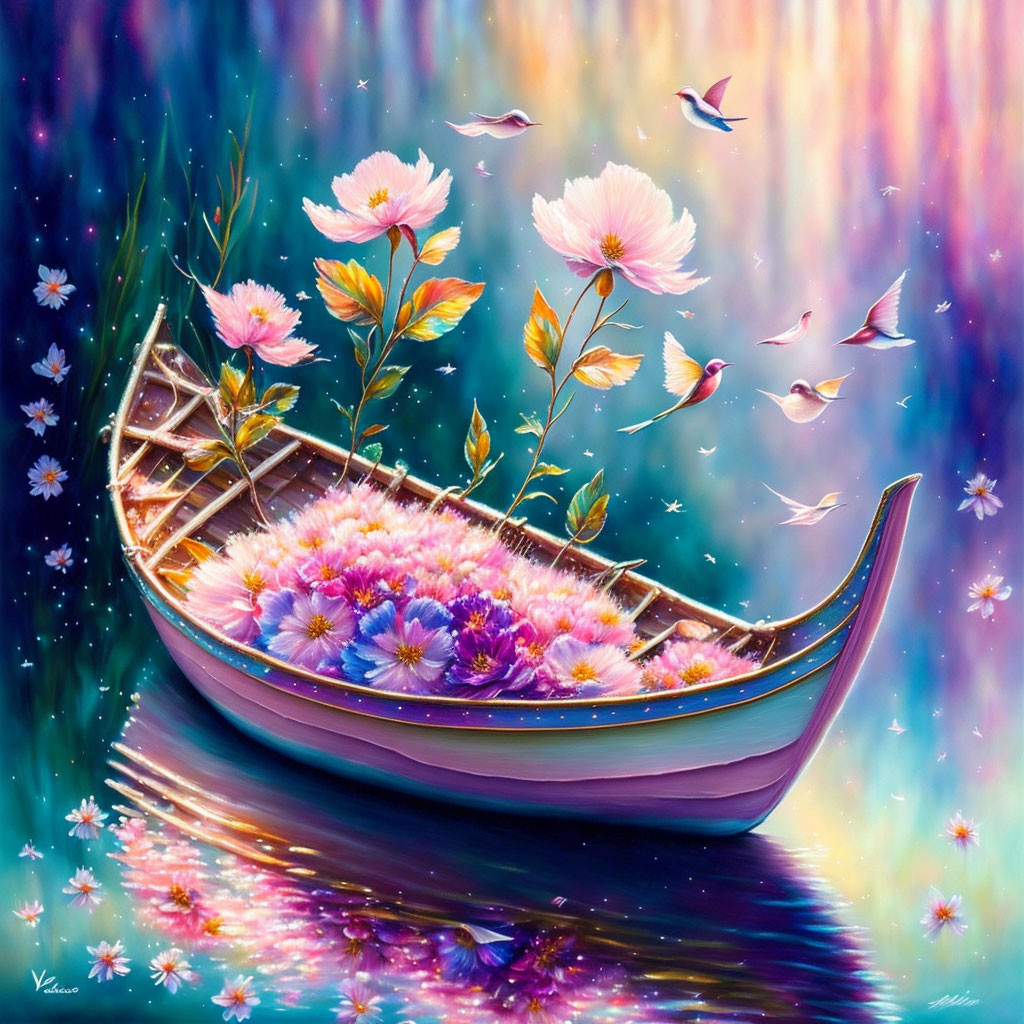 Colorful Flower-Filled Wooden Boat Painting with Birds and Sparkling Water