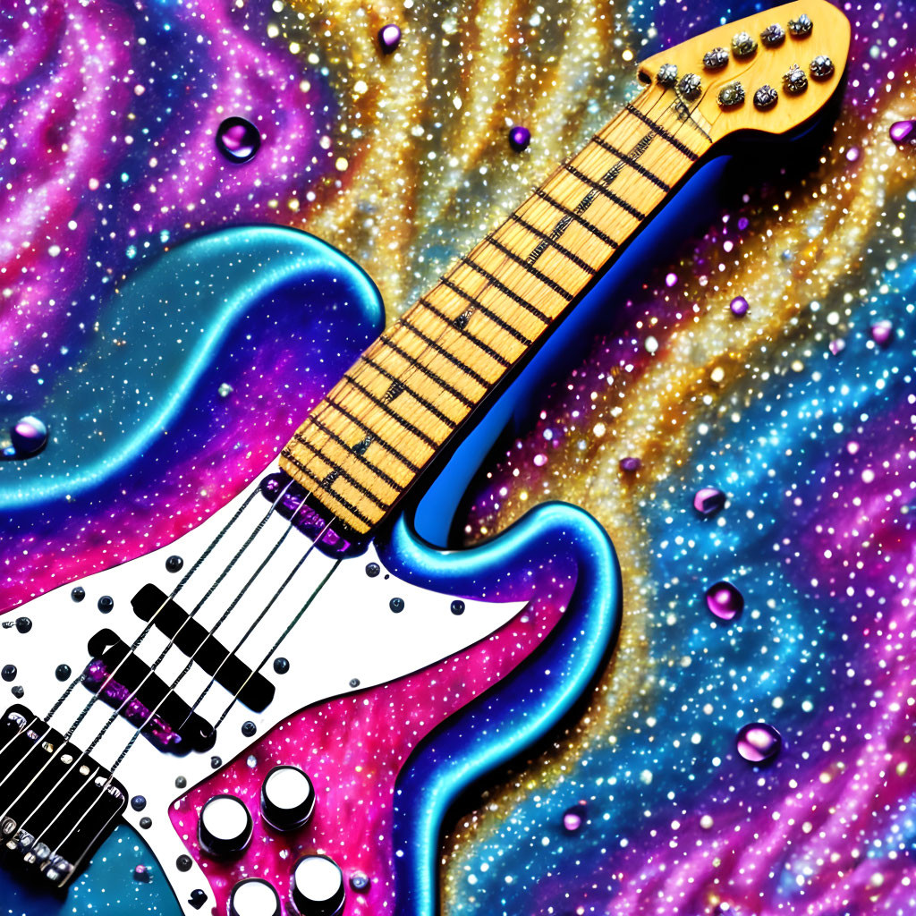 Illustrated electric guitar on vibrant cosmic background with swirling colors and floating musical notes.