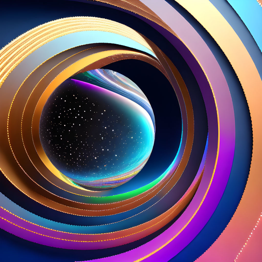 Colorful abstract art: Spiraling circles with glossy sphere on starry backdrop