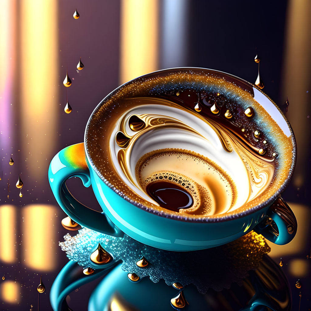 Coffee cup with swirling liquid and reflective surface in magical setting