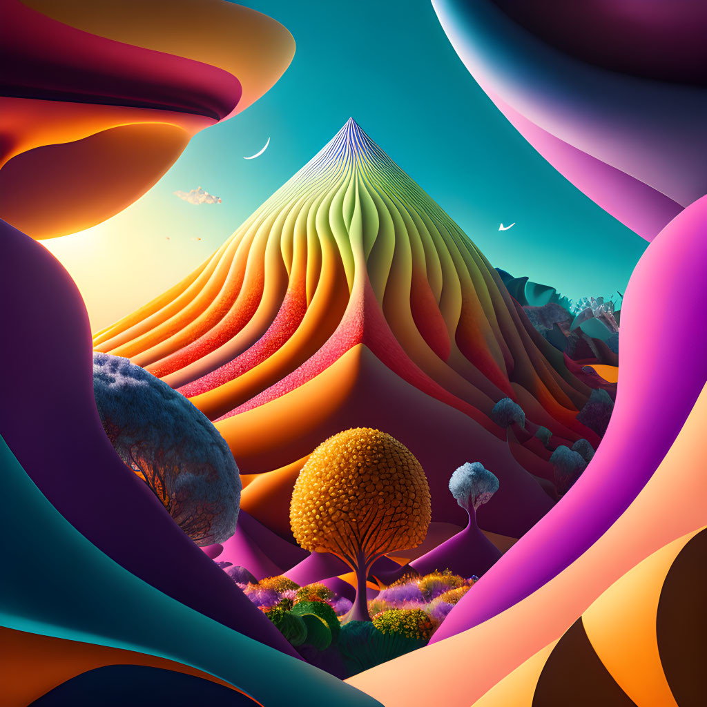 Vibrant surreal landscape with undulating hills and central conical mountain