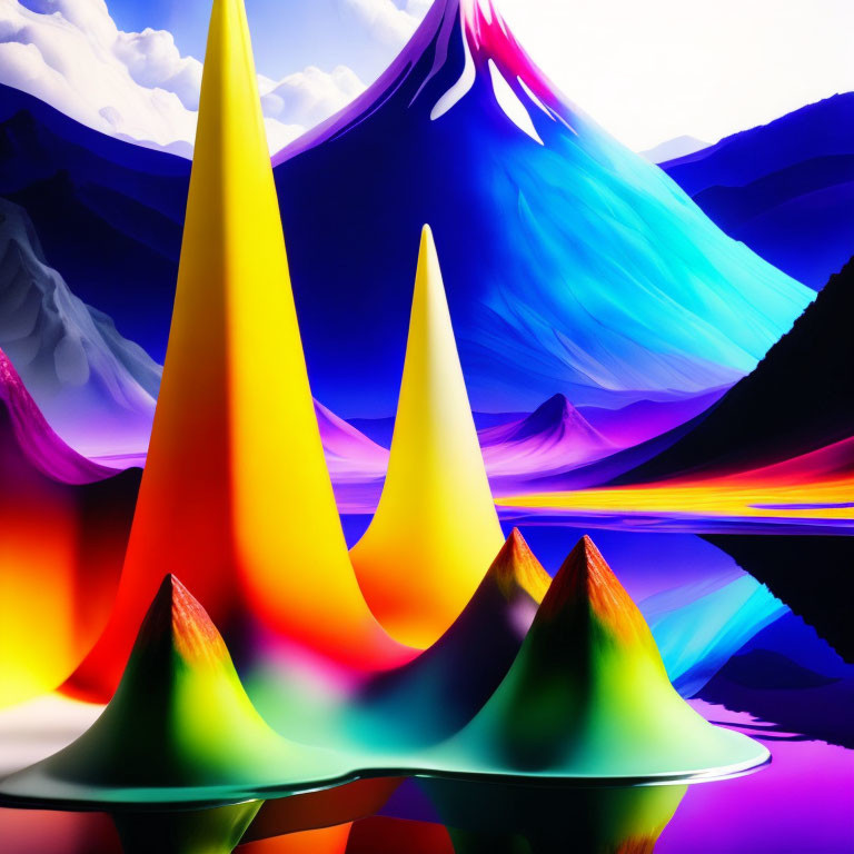 Colorful Conical Shapes in Abstract Landscape with Blue and Purple Peaks