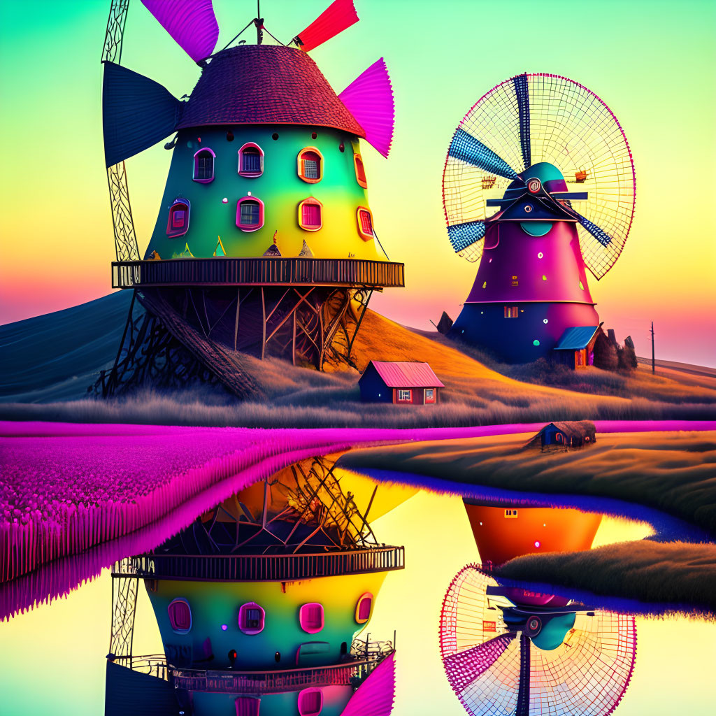 Colorful Stylized Windmills in Surreal Landscape