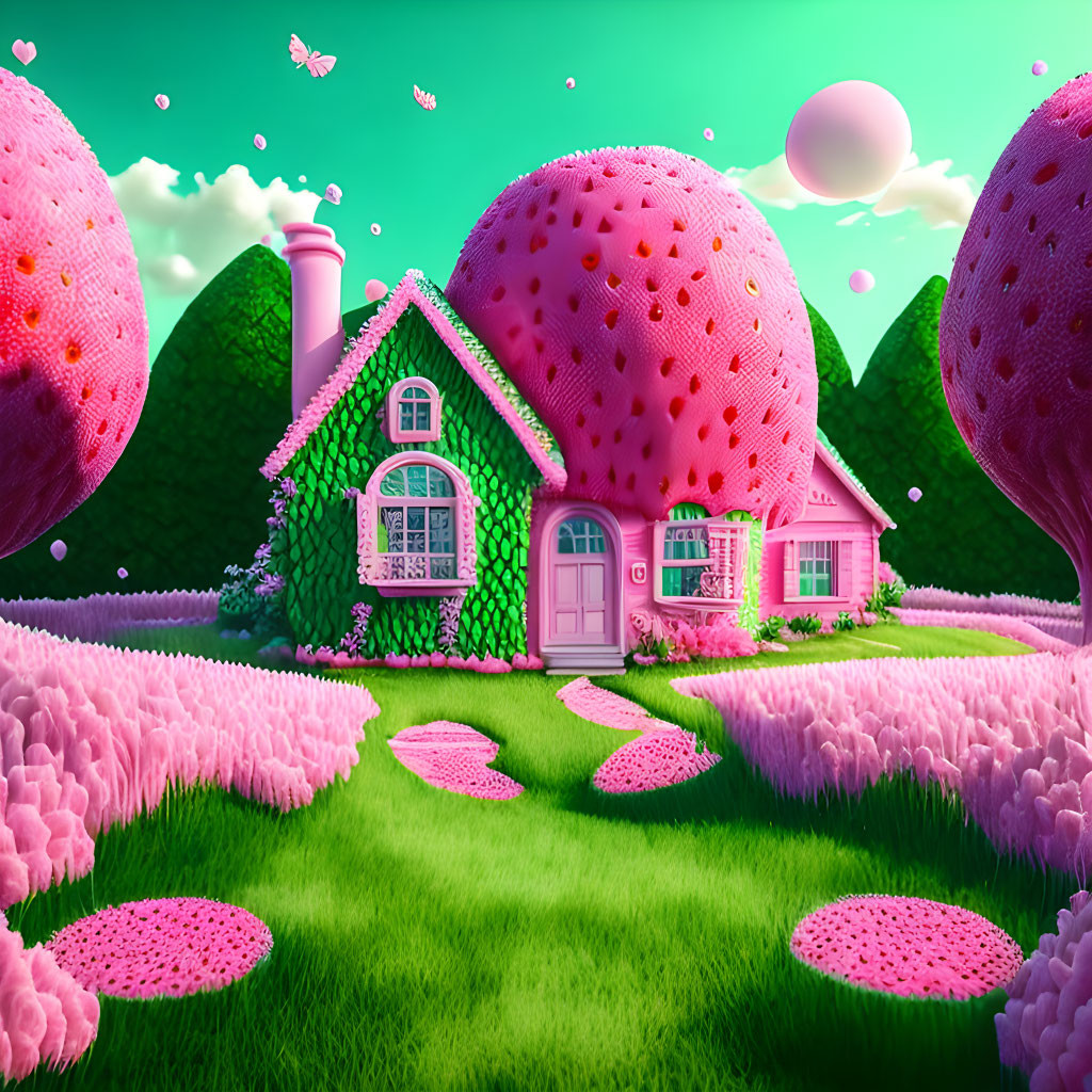 Surreal pink strawberry house in whimsical landscape