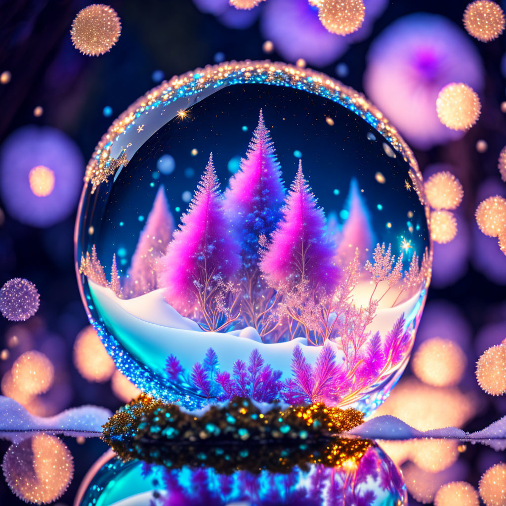 Colorful Glowing Trees in Snow Globe with Sparkling Lights