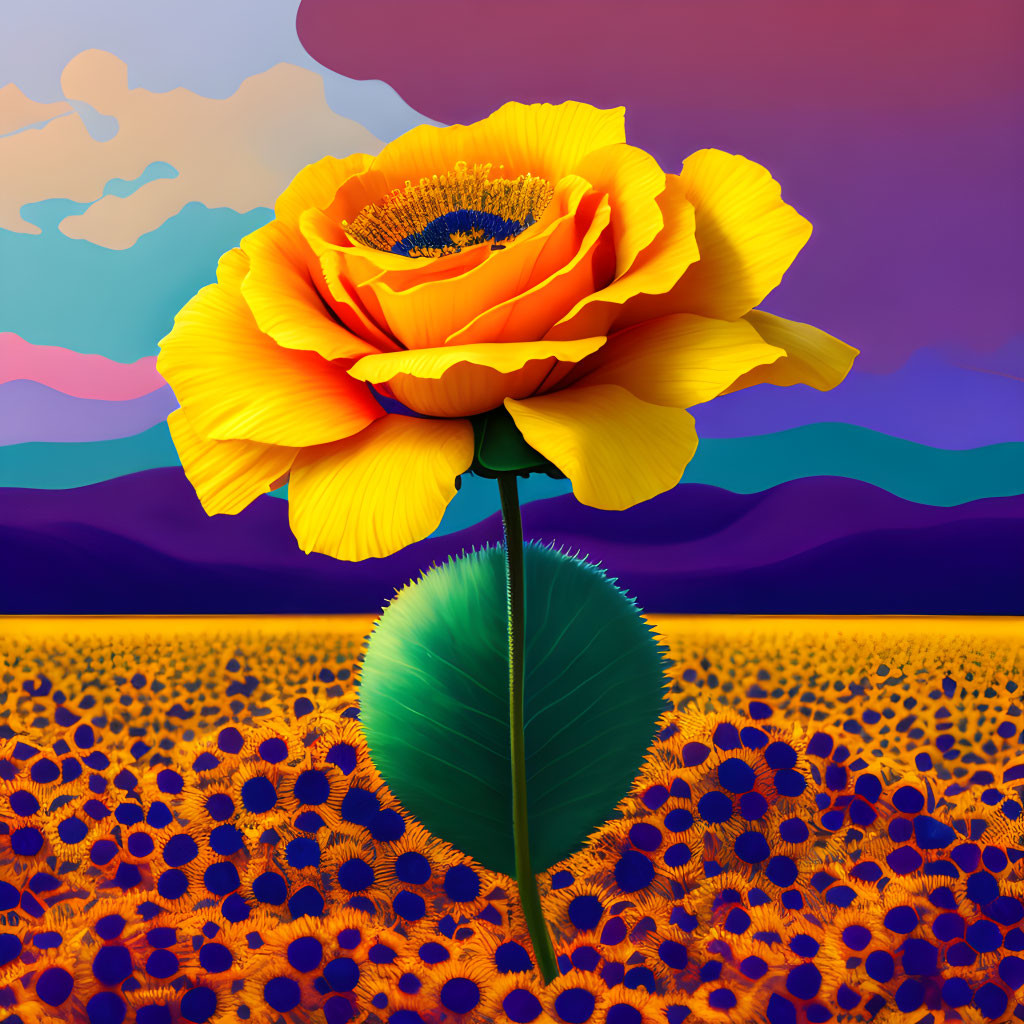 Colorful digital artwork: Large orange rose above sunflowers in vibrant landscape