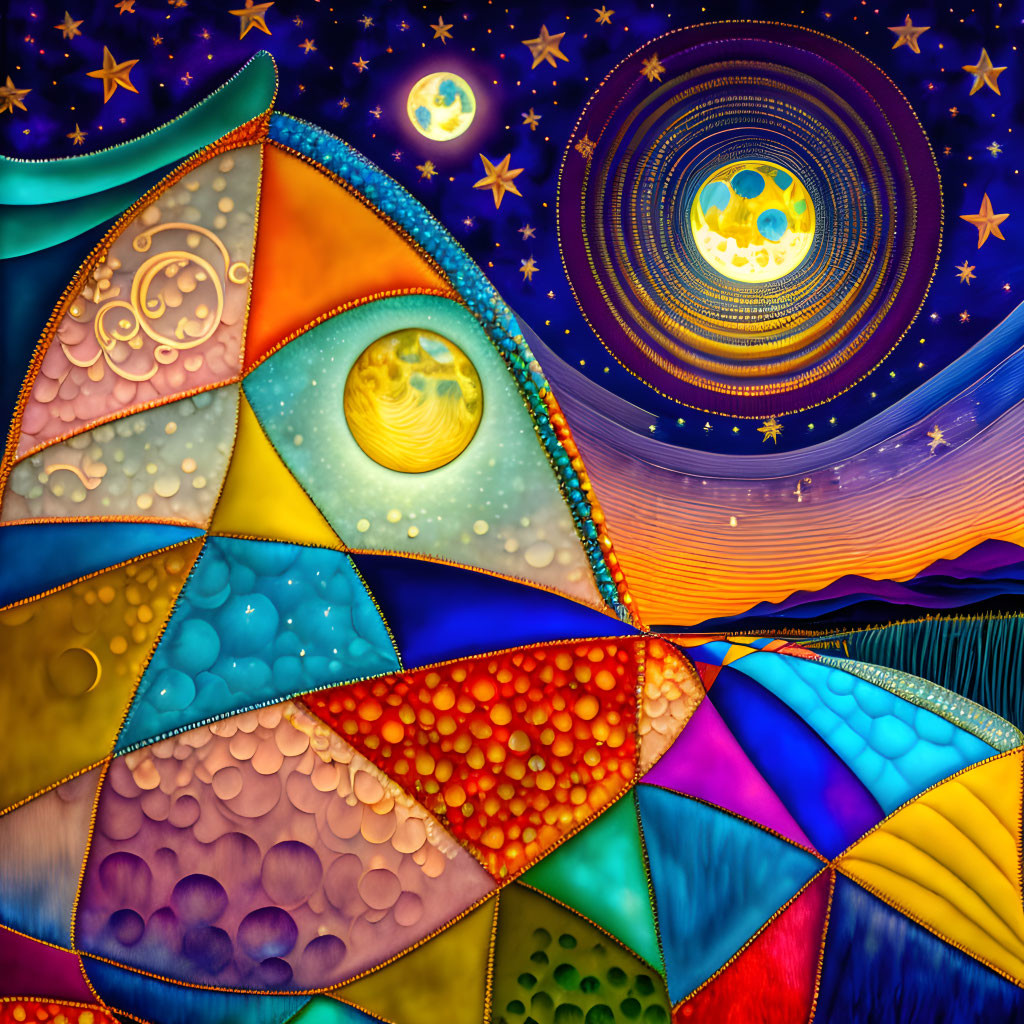 Colorful Abstract Painting with Celestial Elements and Swirling Patterns