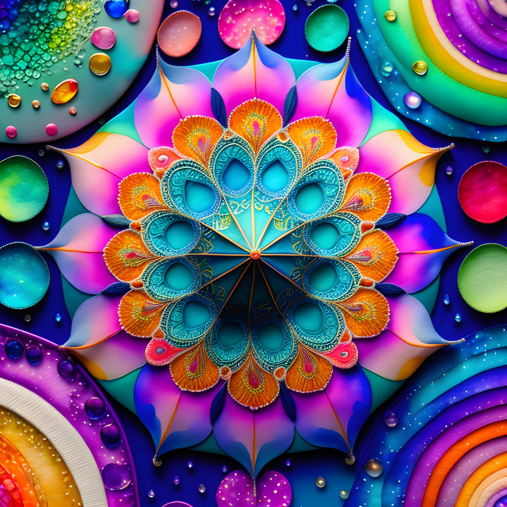 Colorful Mandala Design with Rainbow Circles and Water Droplets