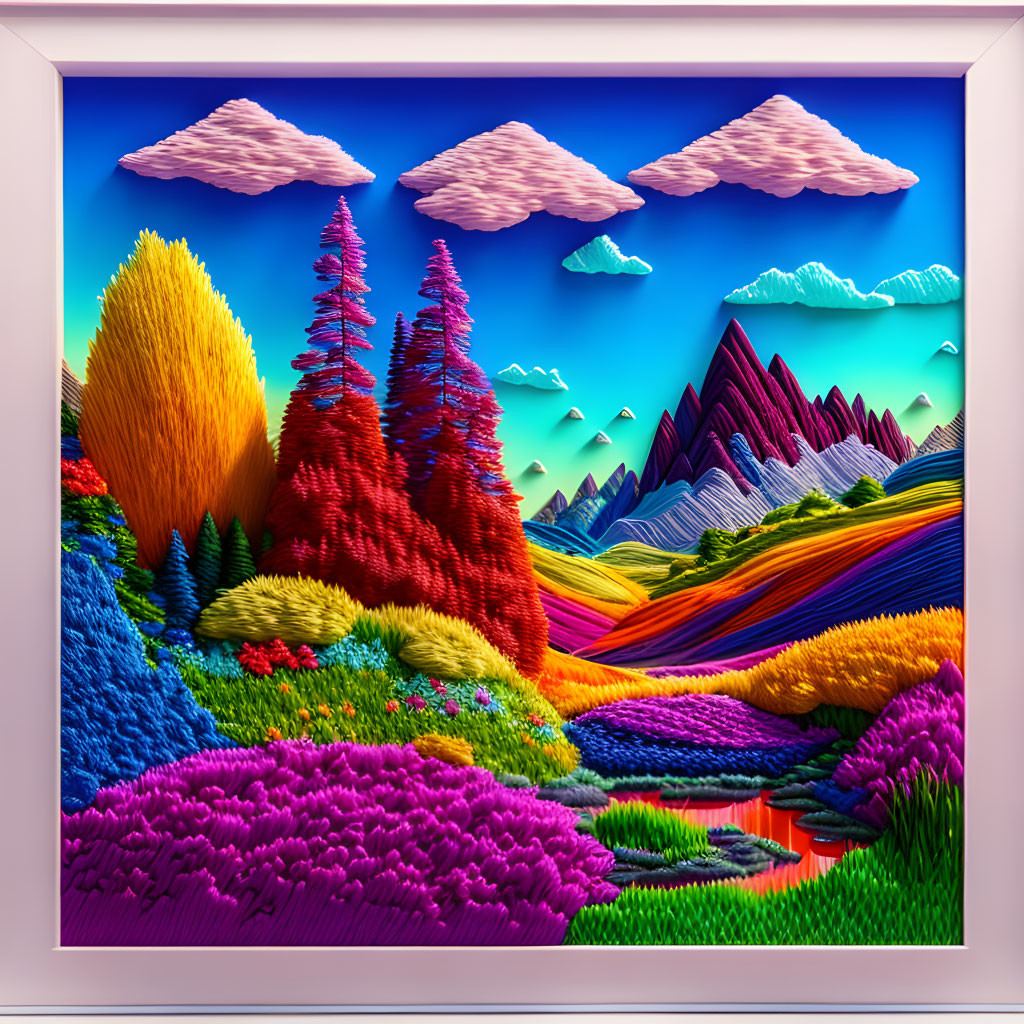 Colorful Textured Landscape with River and Hills in White Border