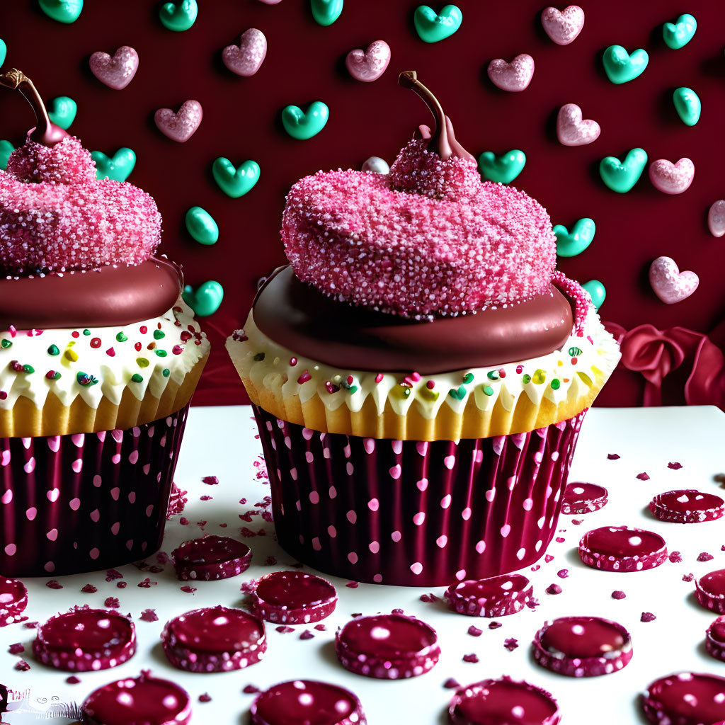 Pink Sprinkled Cupcakes with Chocolate Heart Topping on Polka Dot Wrappers