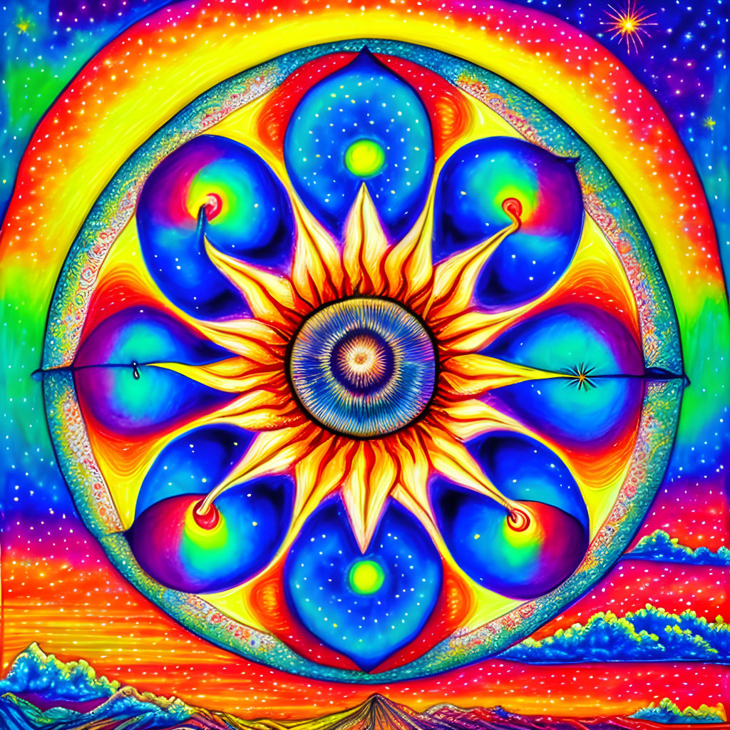 Colorful Mandala Artwork with Star Patterns on Cosmic Background