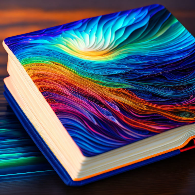 Colorful Open Book with Flowing Wavelike Pattern on Reflective Surface