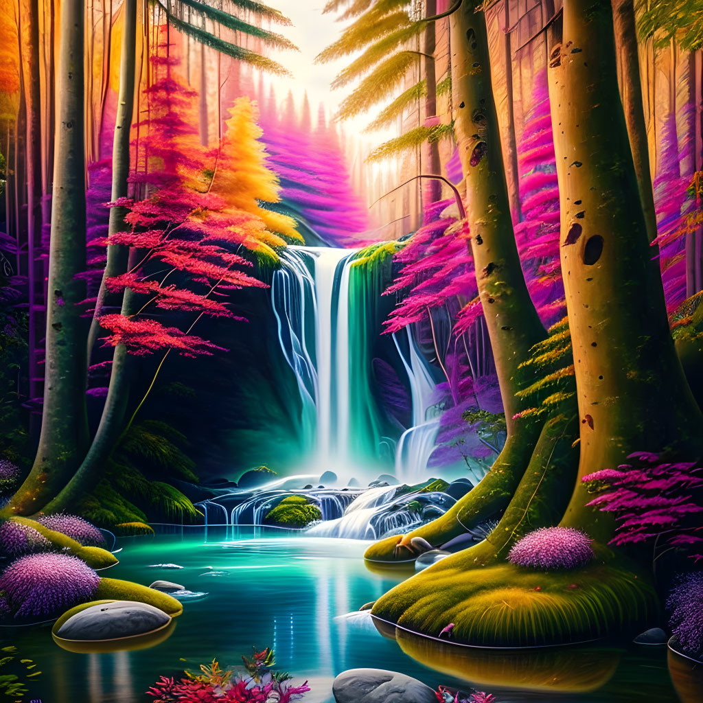 Vibrant fantasy waterfall with glowing trees and turquoise pool