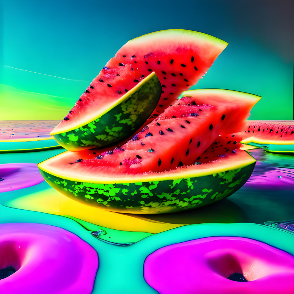 Colorful Watermelon Slices on Psychedelic Background with Reflective Surface