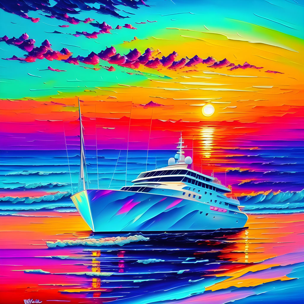 Colorful sunset ocean yacht digital artwork