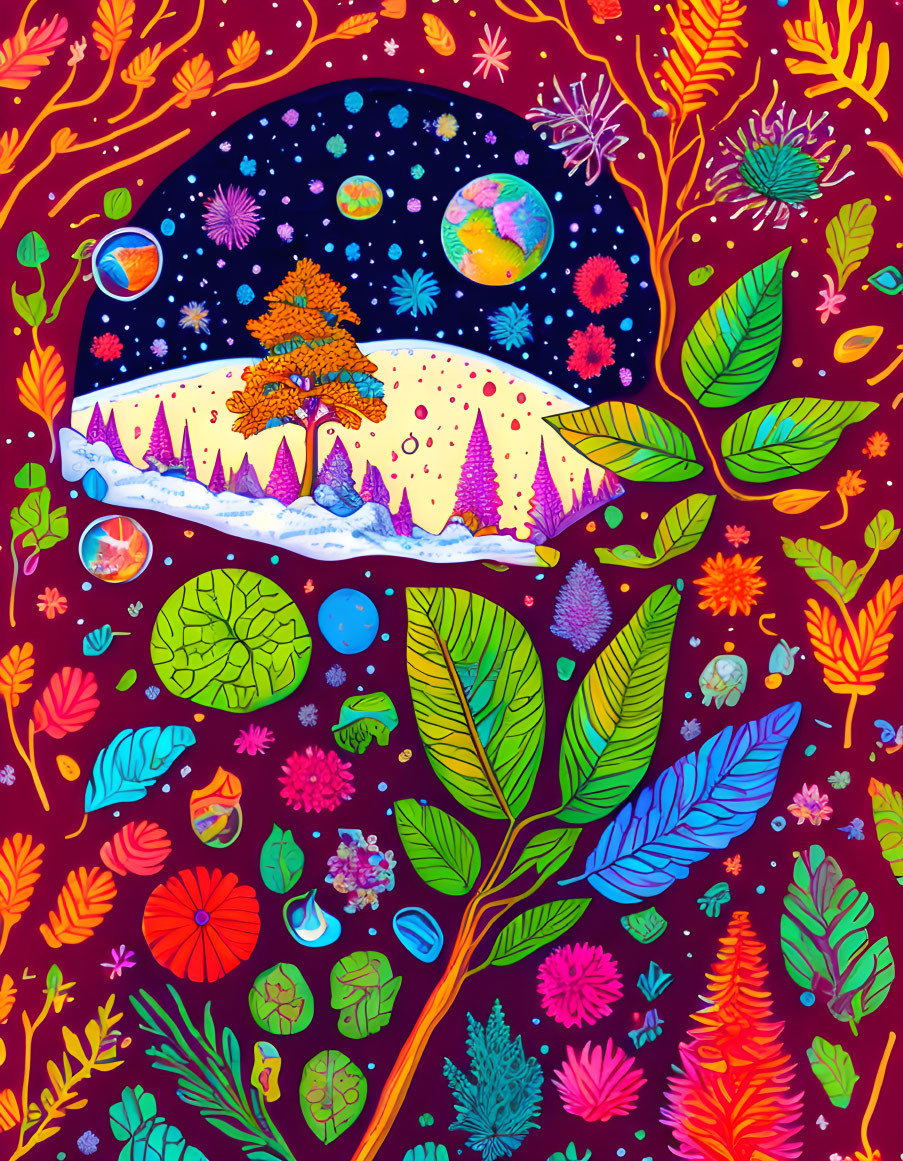 Colorful whimsical landscape with cosmic backdrop and fantastical elements