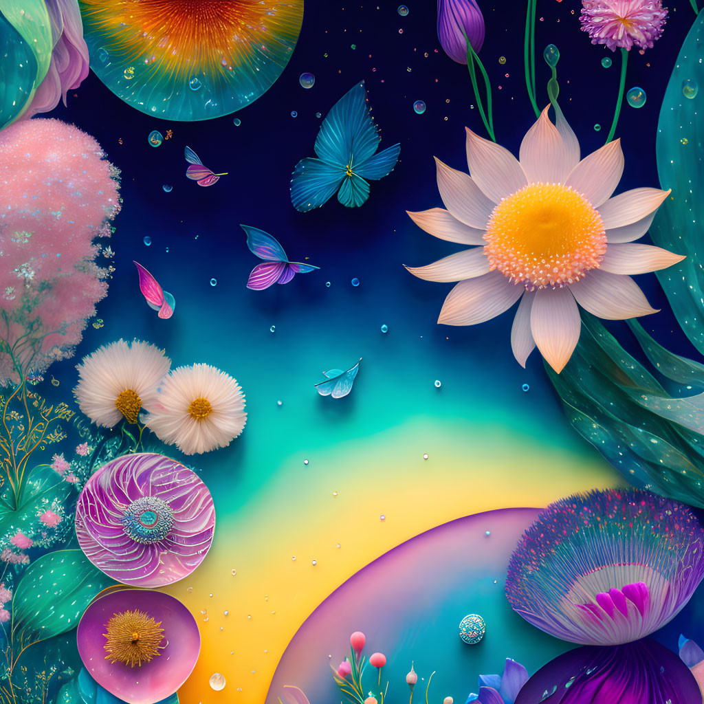 Colorful flowers, butterflies, and gradient background in vivid illustration