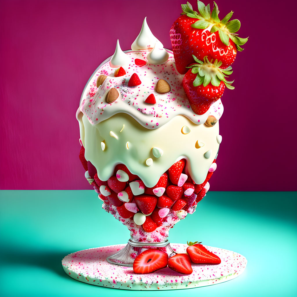 Colorful sundae with strawberries, nuts, and sprinkles on pink and purple background