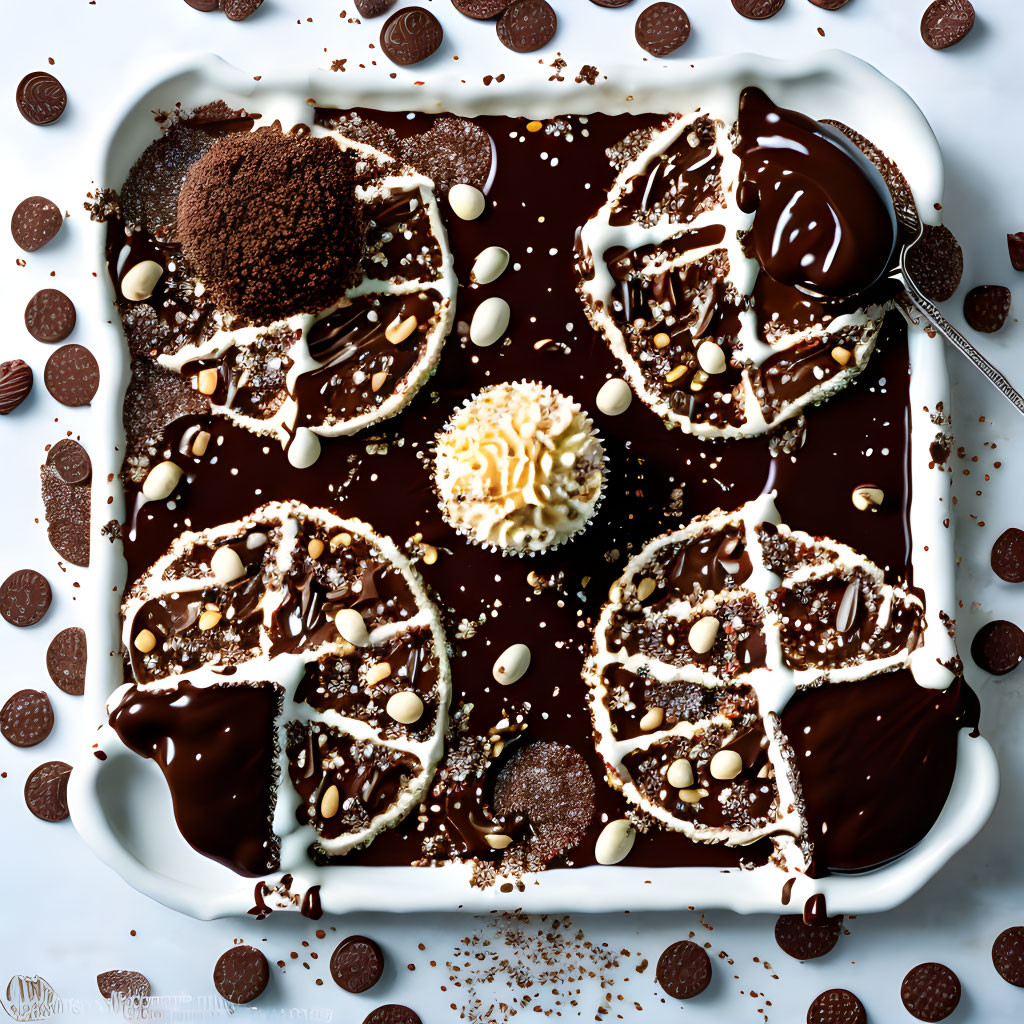 Dessert tray with chocolate treats, nuts, sprinkles, and icing.