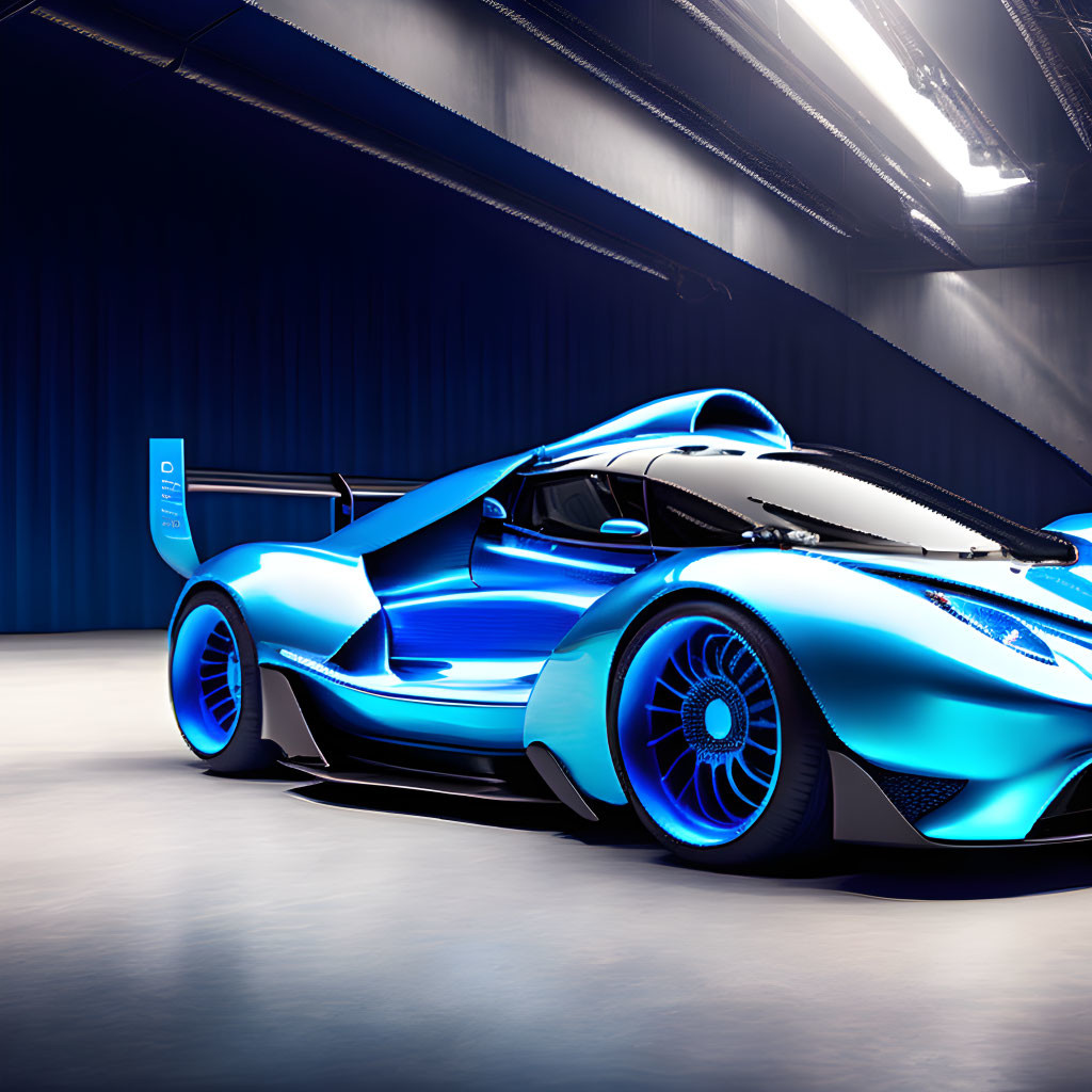 Blue Concept Race Car in Minimalist Garage with Dramatic Lighting