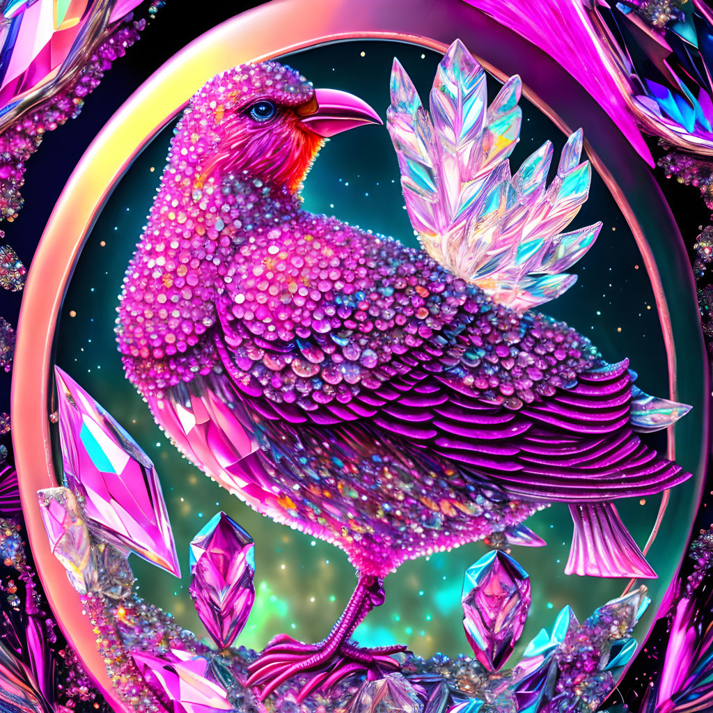 Stylized bird with jewels and feathers in cosmic setting