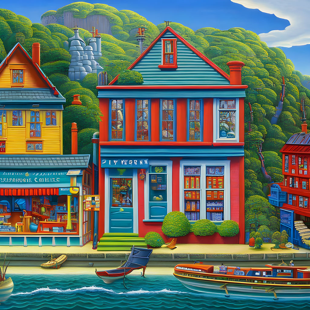 Detailed Illustration of Vibrant Waterfront Townscape