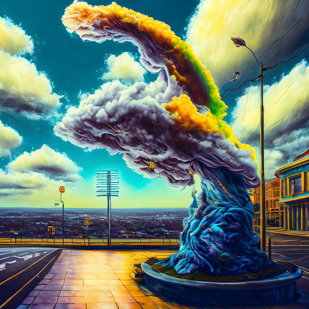 Colorful surreal artwork: tornado swirl on street corner