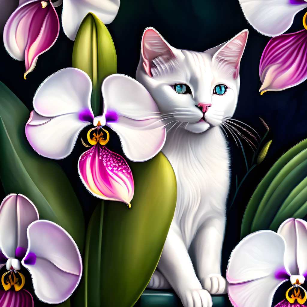 White Cat with Blue Eyes Surrounded by Orchids and Foliage