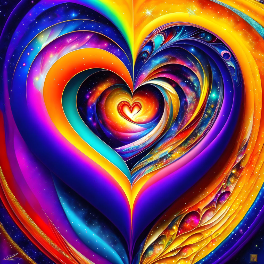 Colorful Digital Artwork: Vibrant Swirling Heart in Cosmic Background