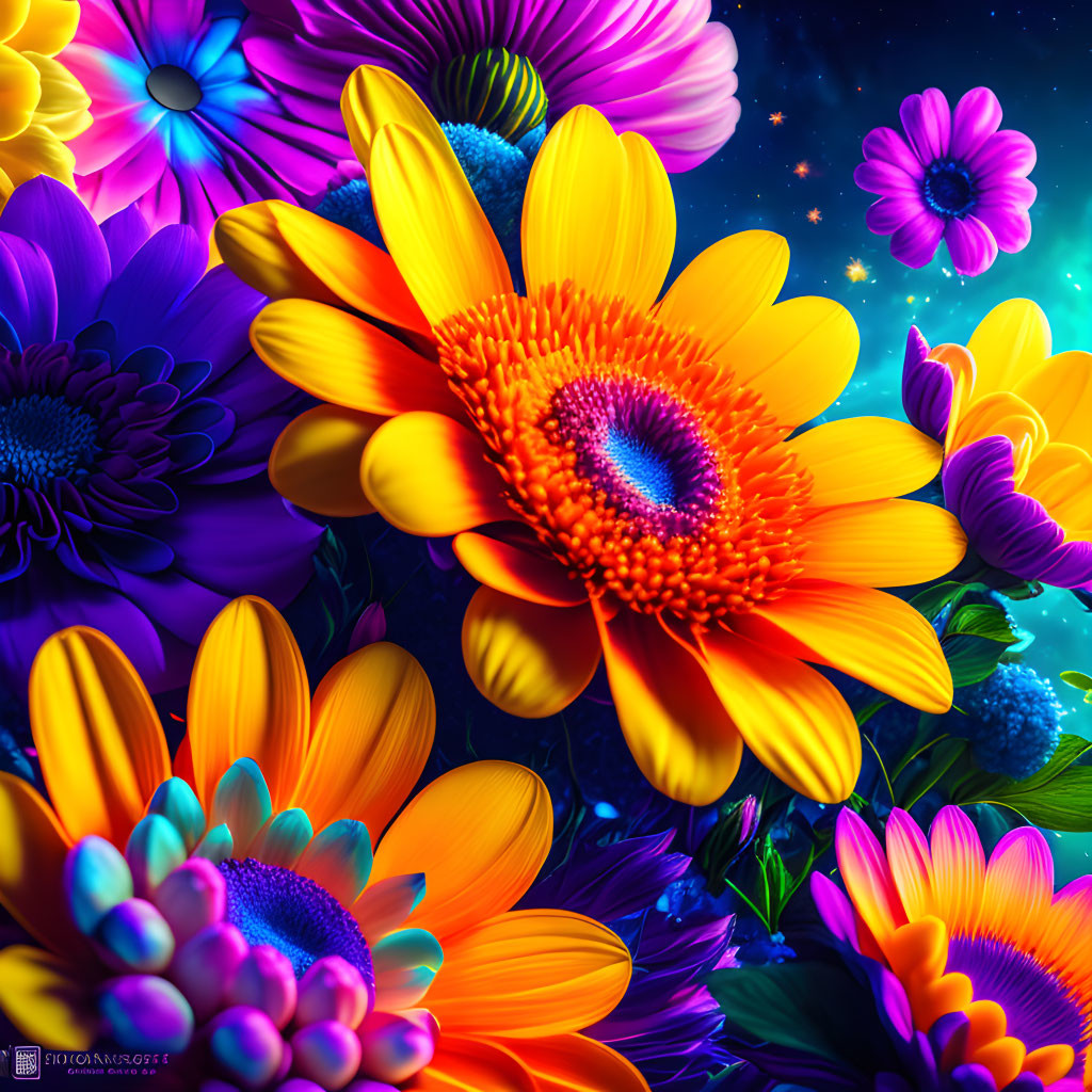 Colorful Flowers in Cosmic Starry Digital Art