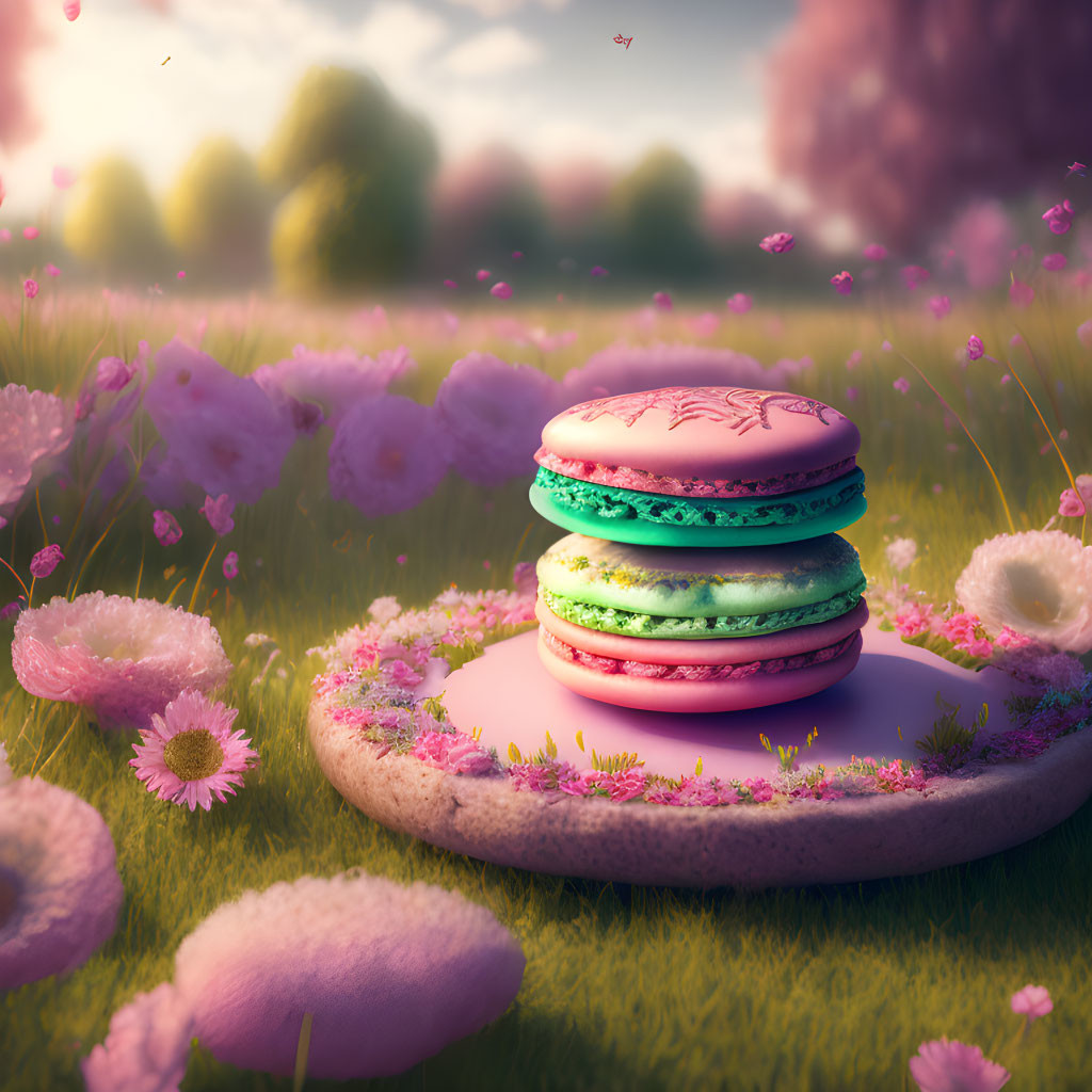 Colorful Giant Macarons in Fantasy Meadow with Pink Flowers