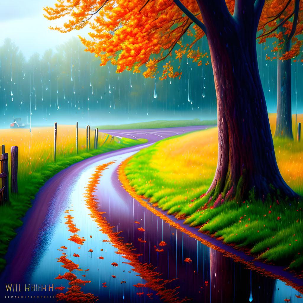 Colorful autumn landscape with winding road, large tree, falling leaves, raindrops, and glistening