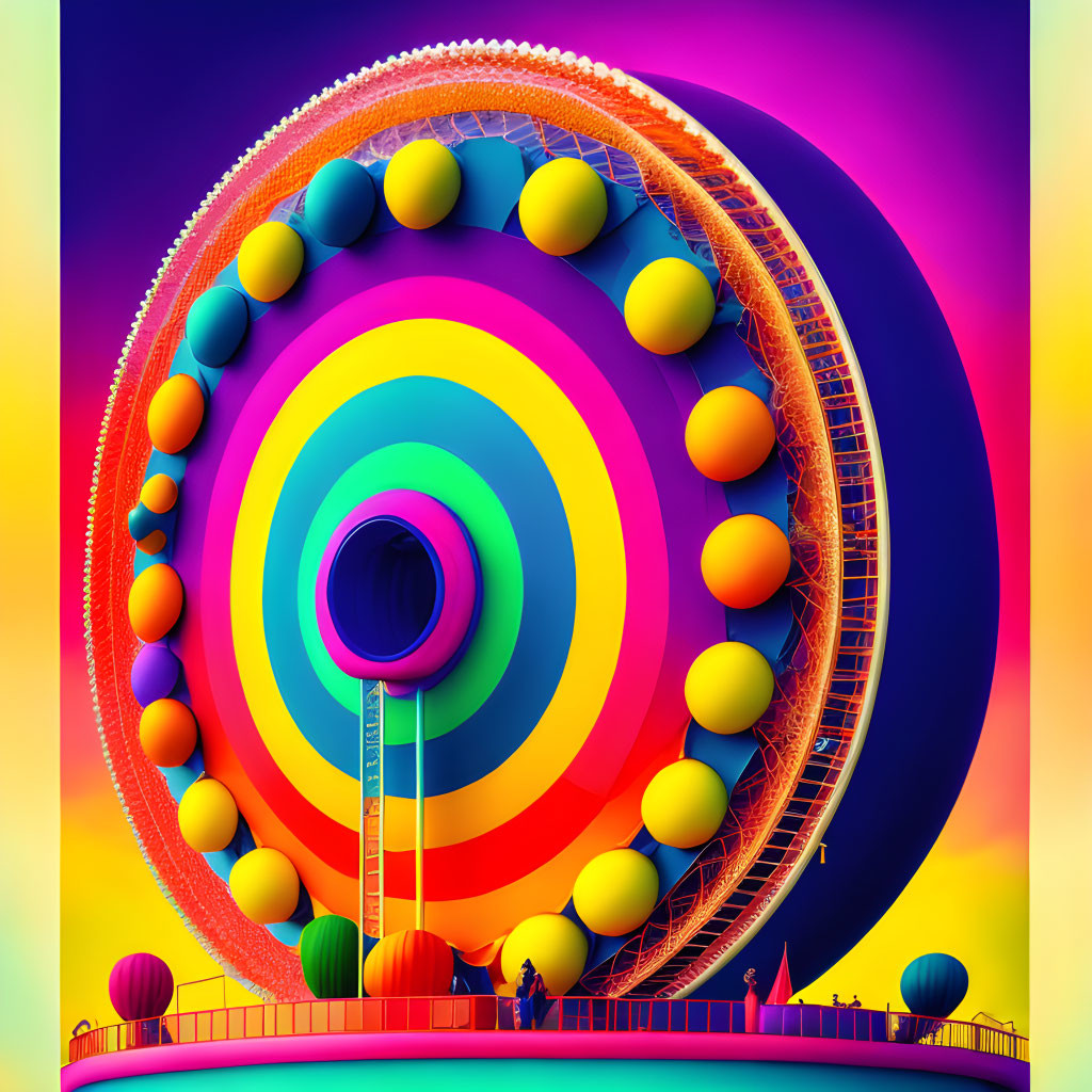 Colorful Surreal Ferris Wheel Illustration with Stylized Figures