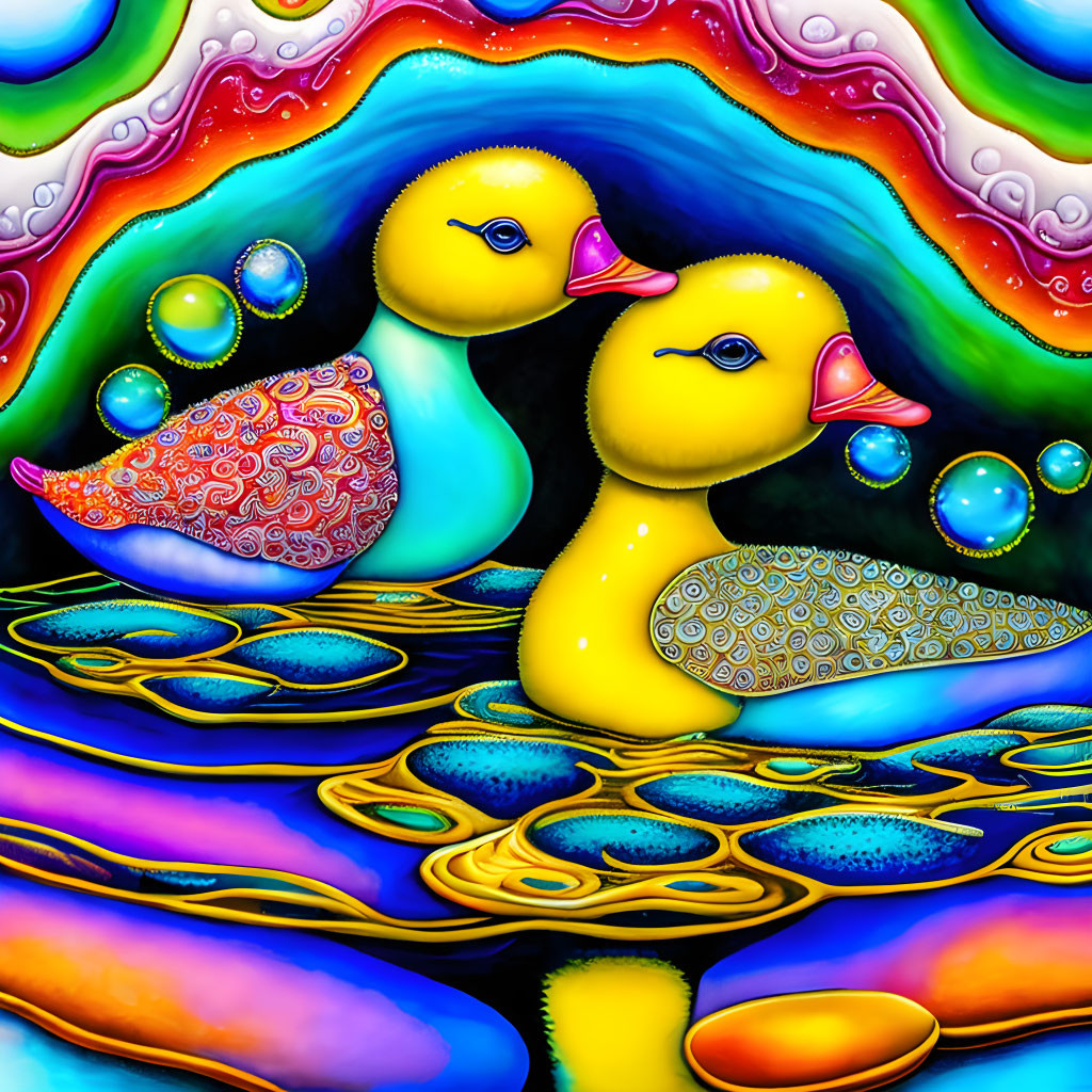 Colorful Psychedelic Ducks Illustration with Waves and Bubbles