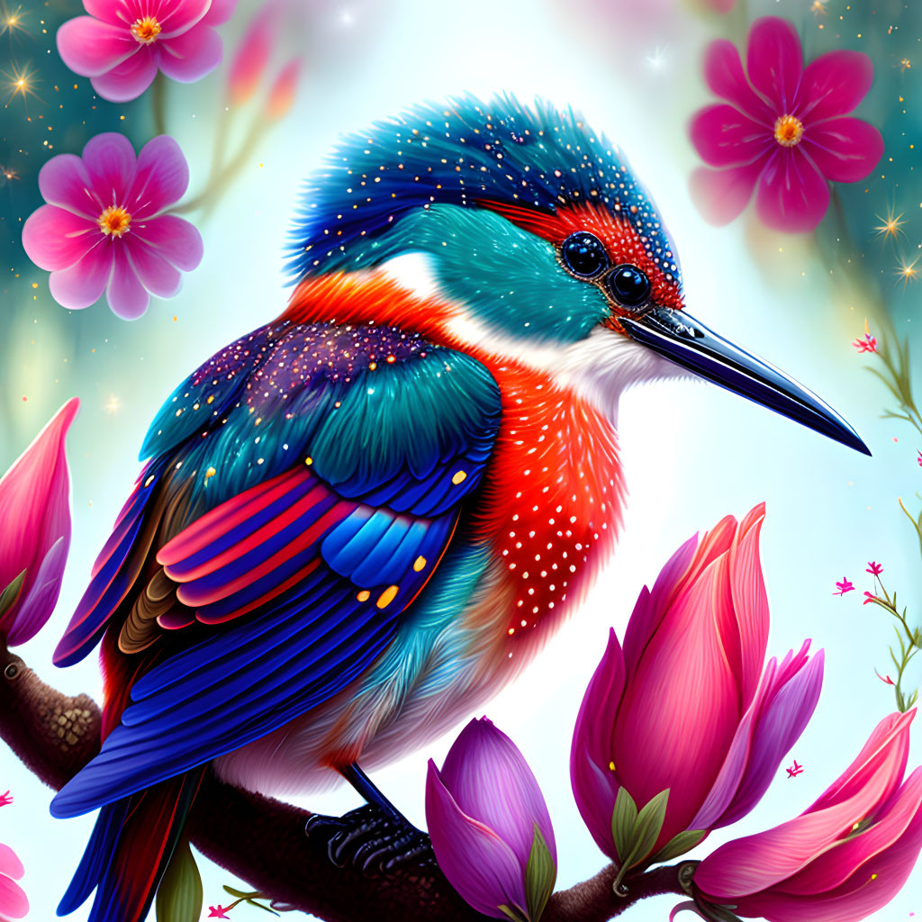 Colorful Kingfisher Illustration Among Pink Flowers and Starry Sky