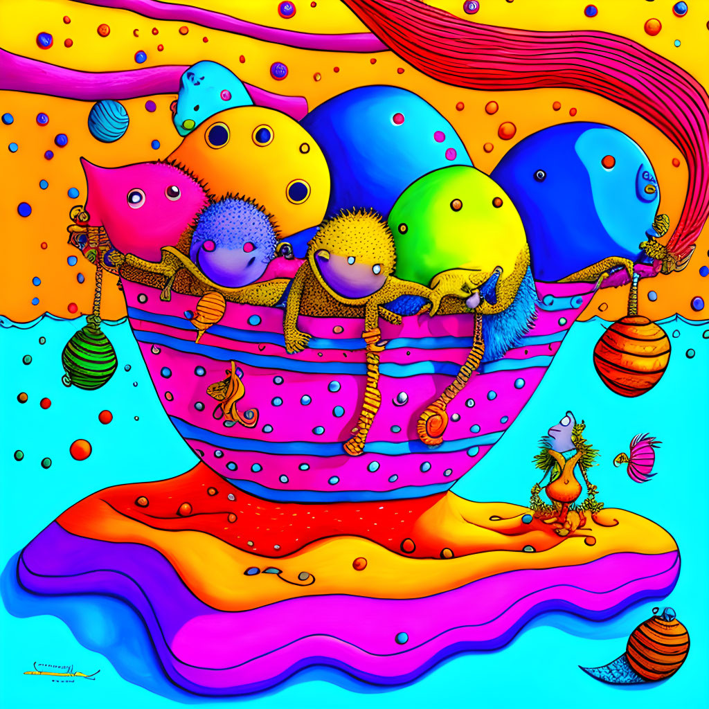 Colorful creatures in pink bowl on psychedelic surface with floating orbs