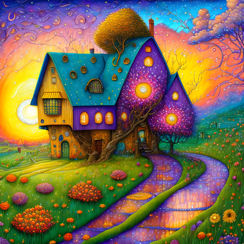 Vibrant fantasy house illustration with colorful trees and sunset sky