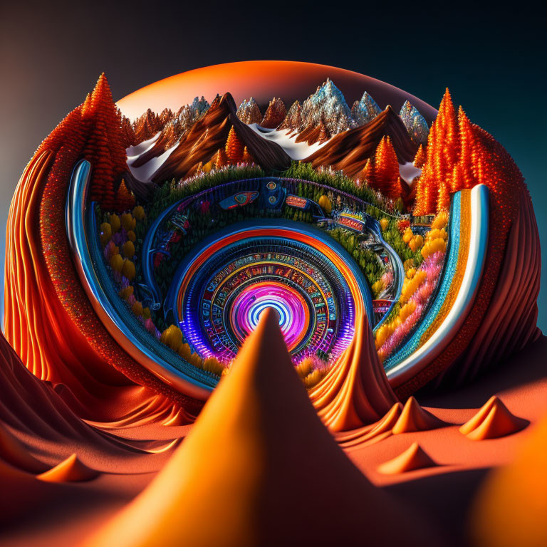 Colorful surreal landscape with central vortex and ombré sky.