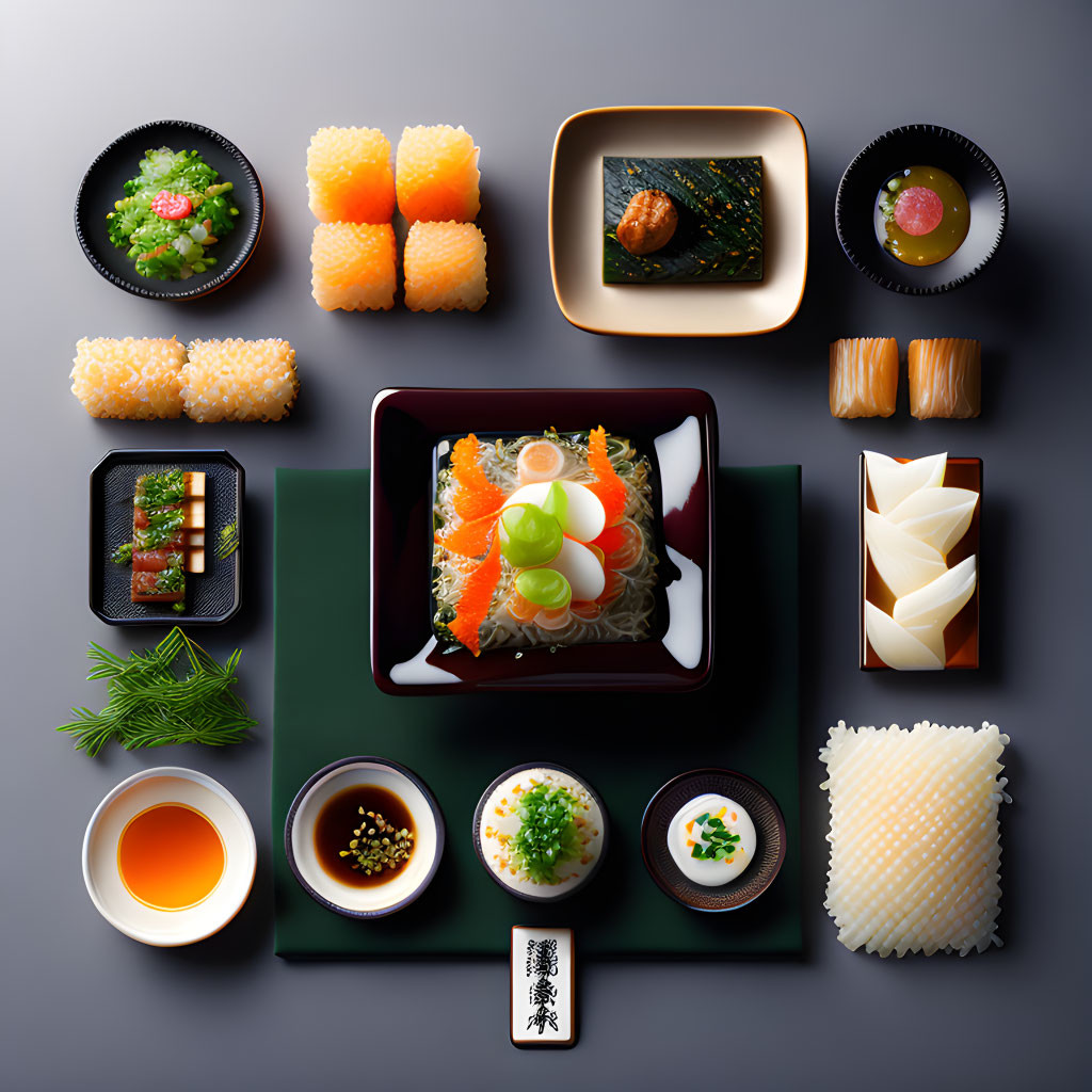 Japanese Cuisine Spread: Sushi, Sashimi, Nigiri, and More on Dark Background