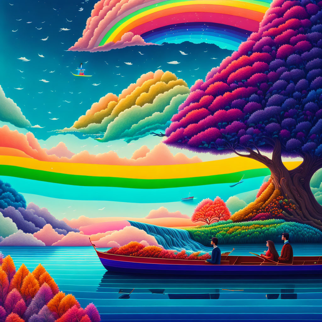 Colorful landscape with rainbow, rowing people, whimsical trees, and floating ships