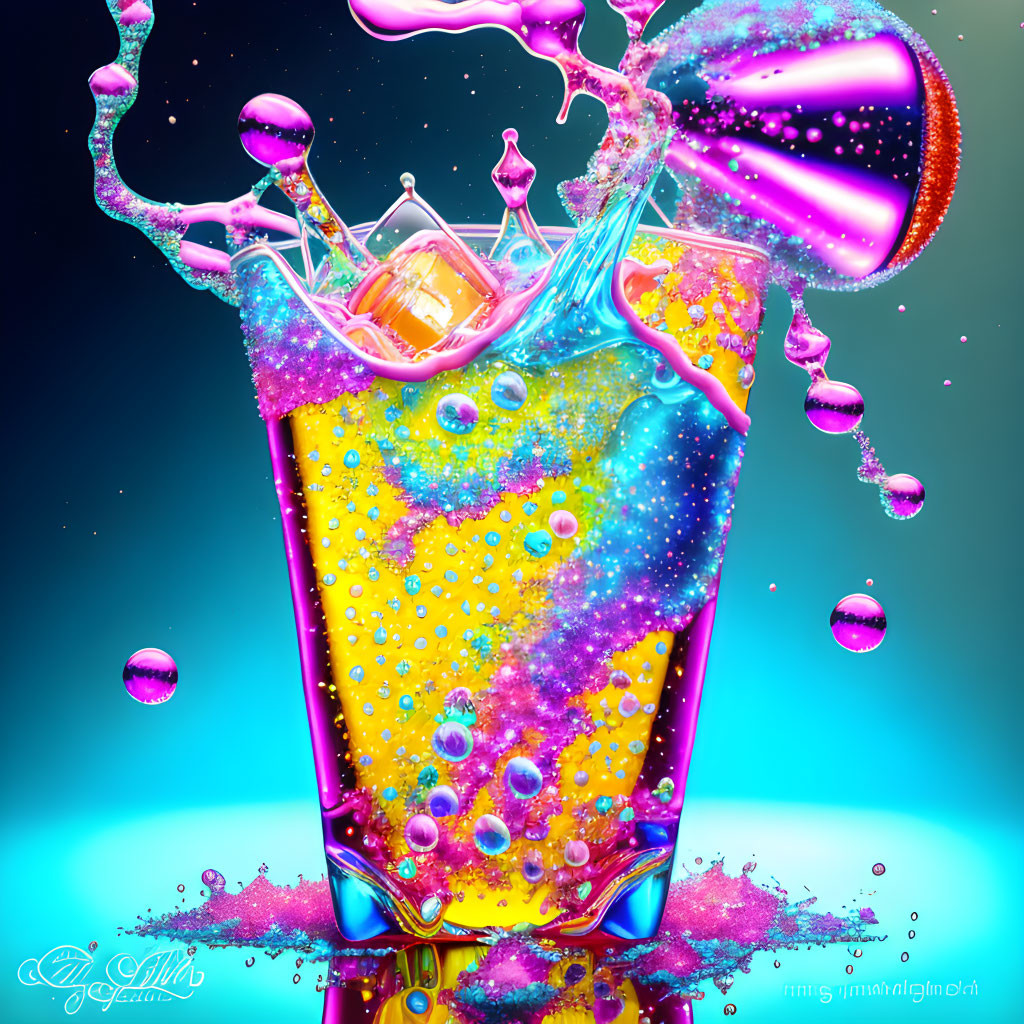 Colorful fizzy drink splash art on teal backdrop