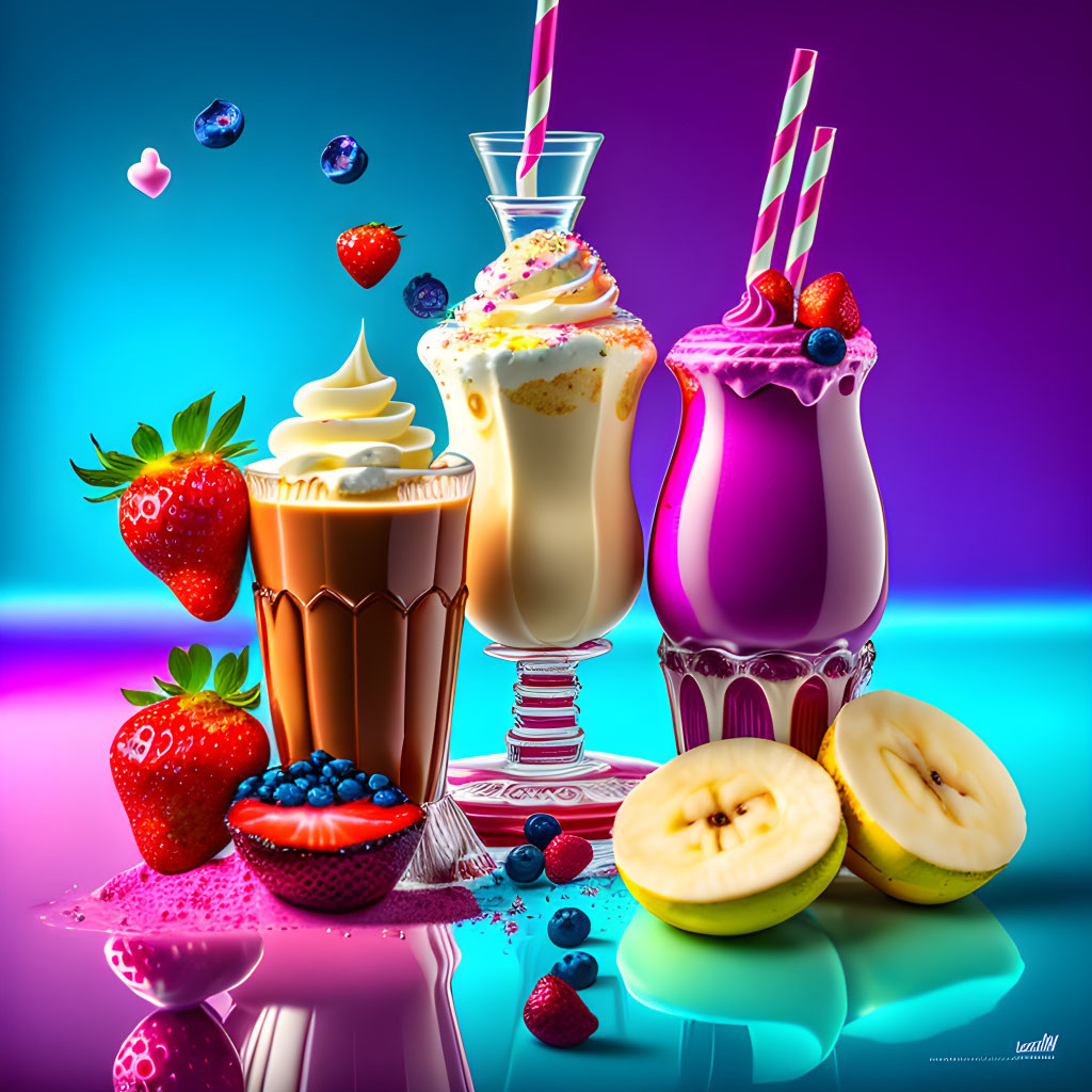 Colorful milkshakes and fruits on vibrant background display.