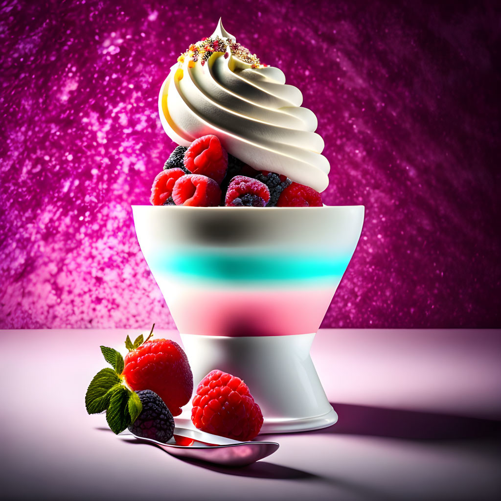 Colorful dessert with whipped cream, berries, and mint on pink backdrop