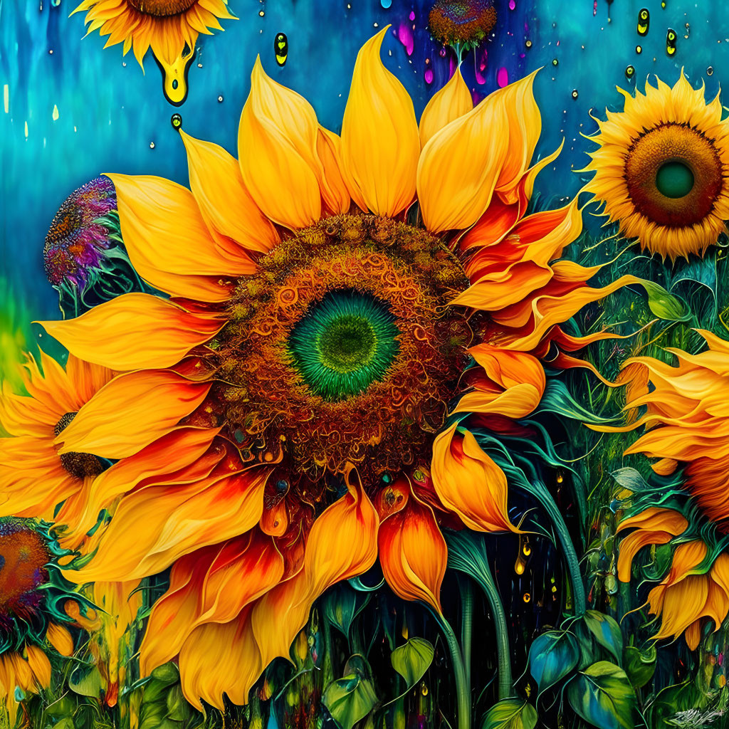 Colorful Sunflower Painting with Textured Details on Blue Background