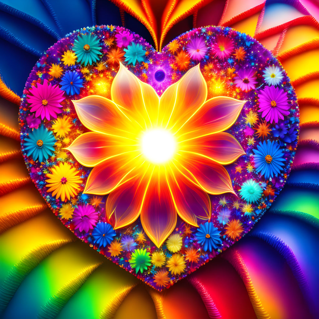 Colorful Heart-Shaped Digital Artwork with Luminous Flower and Fractal Petals