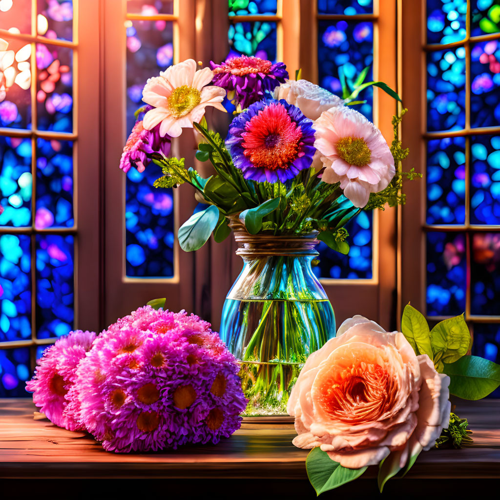 Colorful flowers in glass vase on wooden table with stained glass windows in background