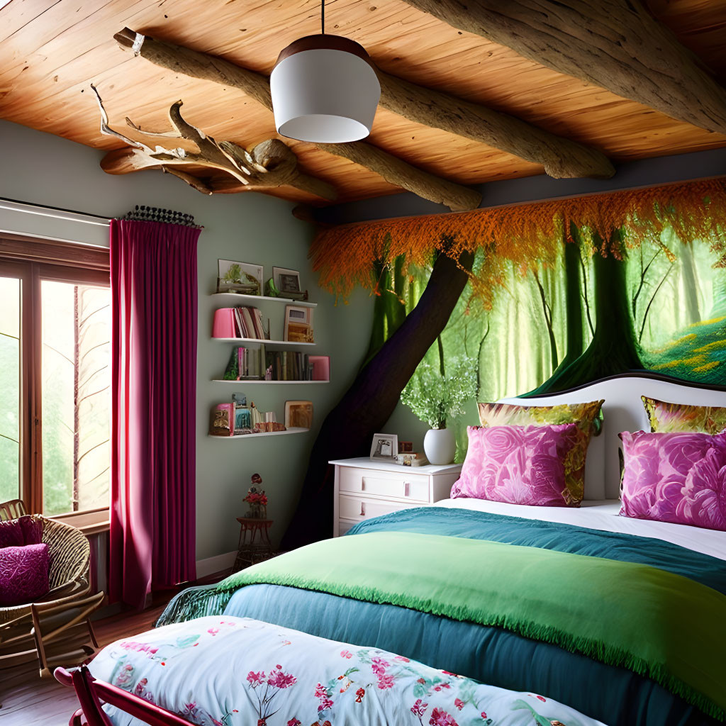 Vibrant bedroom with tree-themed wallpaper, wooden ceiling, colorful bedding, deer antlers, and