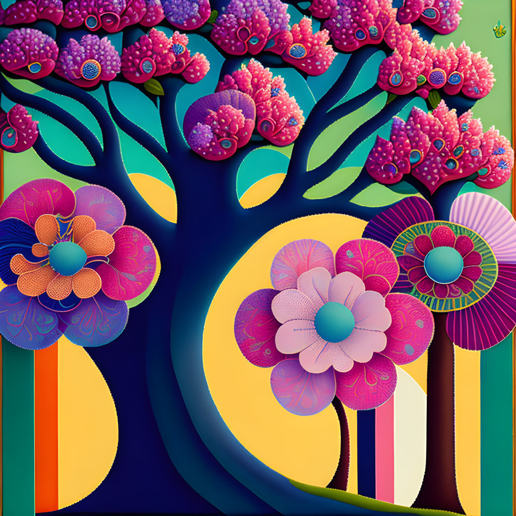 Colorful Trees with Patterned Flowers on Vibrant Background