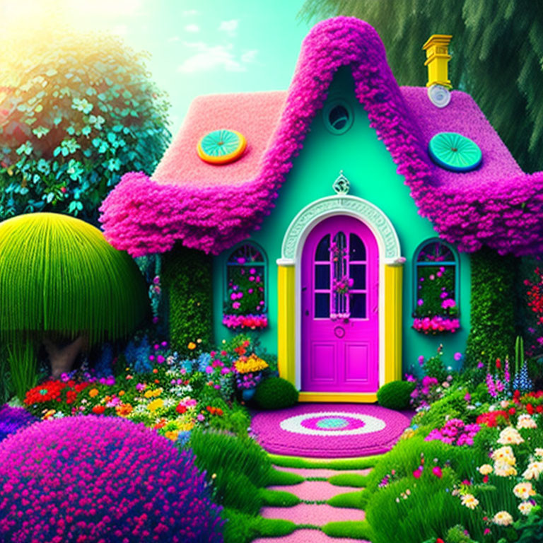 Colorful Cottage with Pink Roof and Purple Walls in Lush Garden